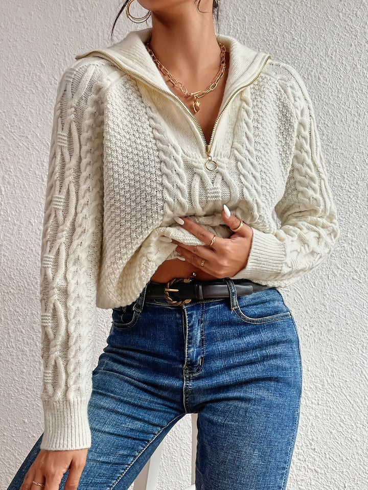 Harlow – Cable Knit Sweater with Zipper Collar